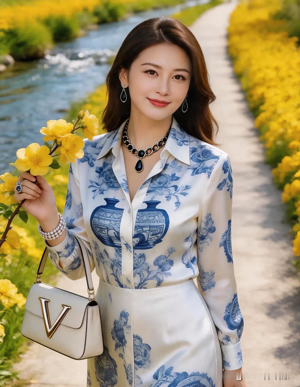 溪畔花海间，青花瓷韵衬衫配素雅半裙，手持黄花浅笑，温婉从容，尽显东方诗意之美。