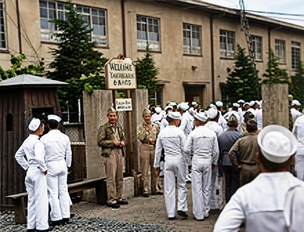 二战后，美国占领日本初期，一群美军士兵在一处建筑外排起长队，等待进入所谓的“慰安