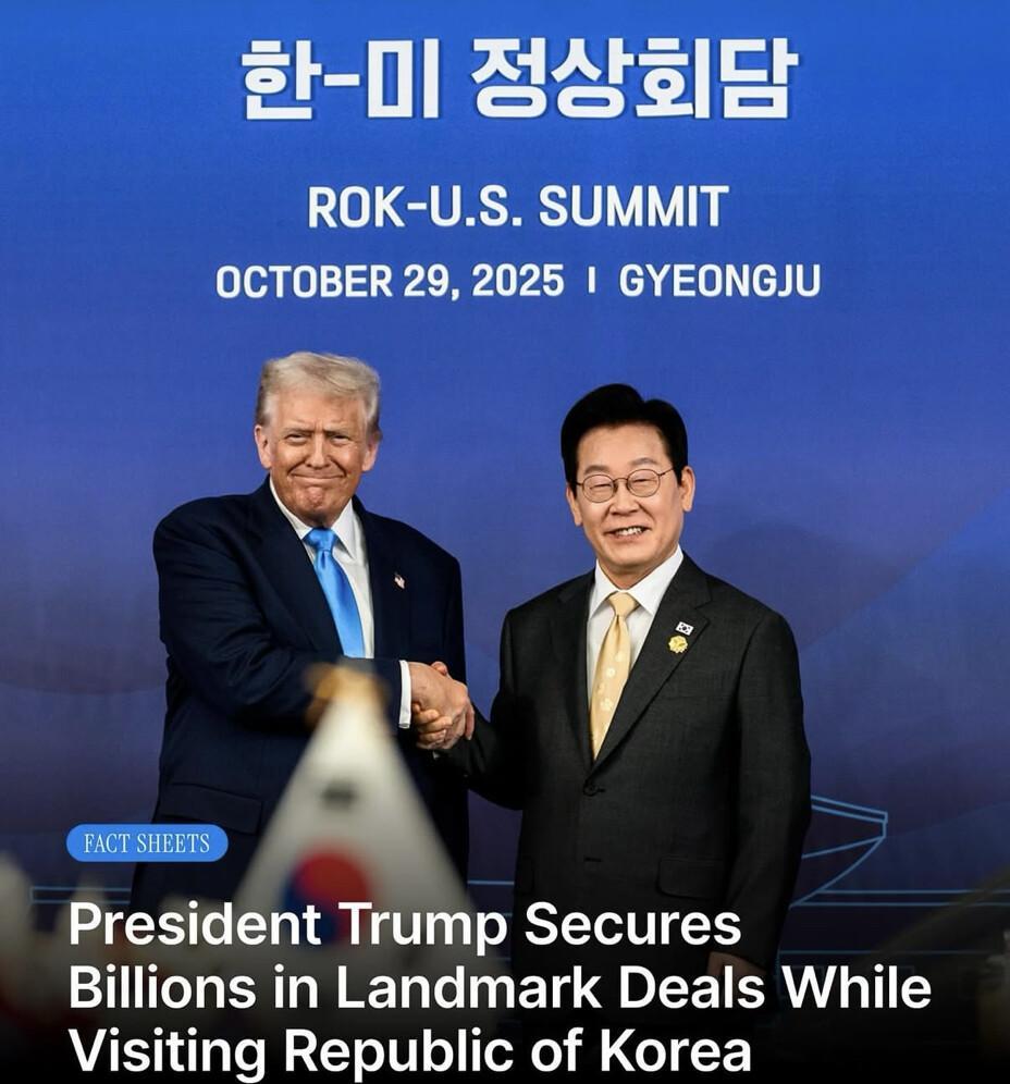 美国总统特朗普今天(10月30日)早上发文写道:“韩国已同意向美国支付3500亿