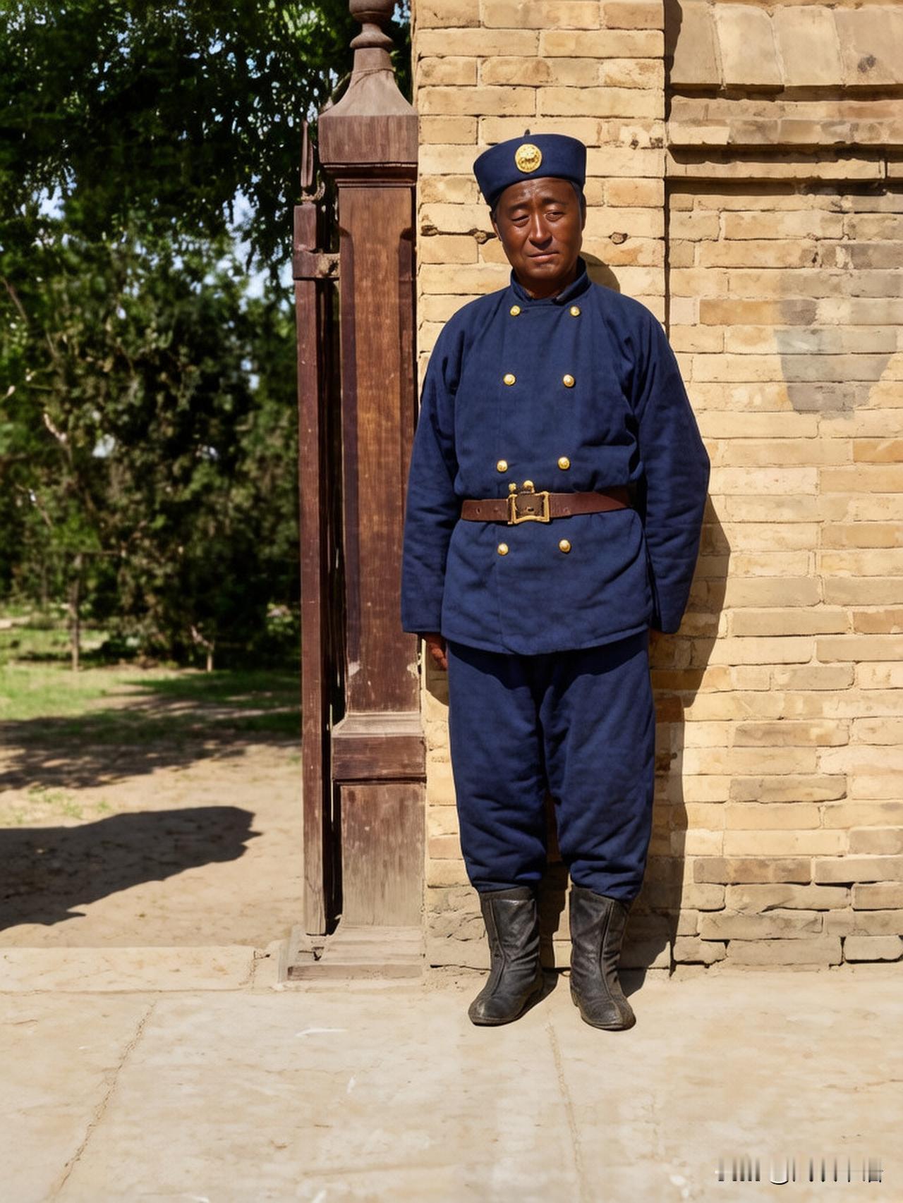 清末时期的北京，两名帮洋人看守大门的中国巡捕。一个面容黝黑，脸上带着苦大仇深的神