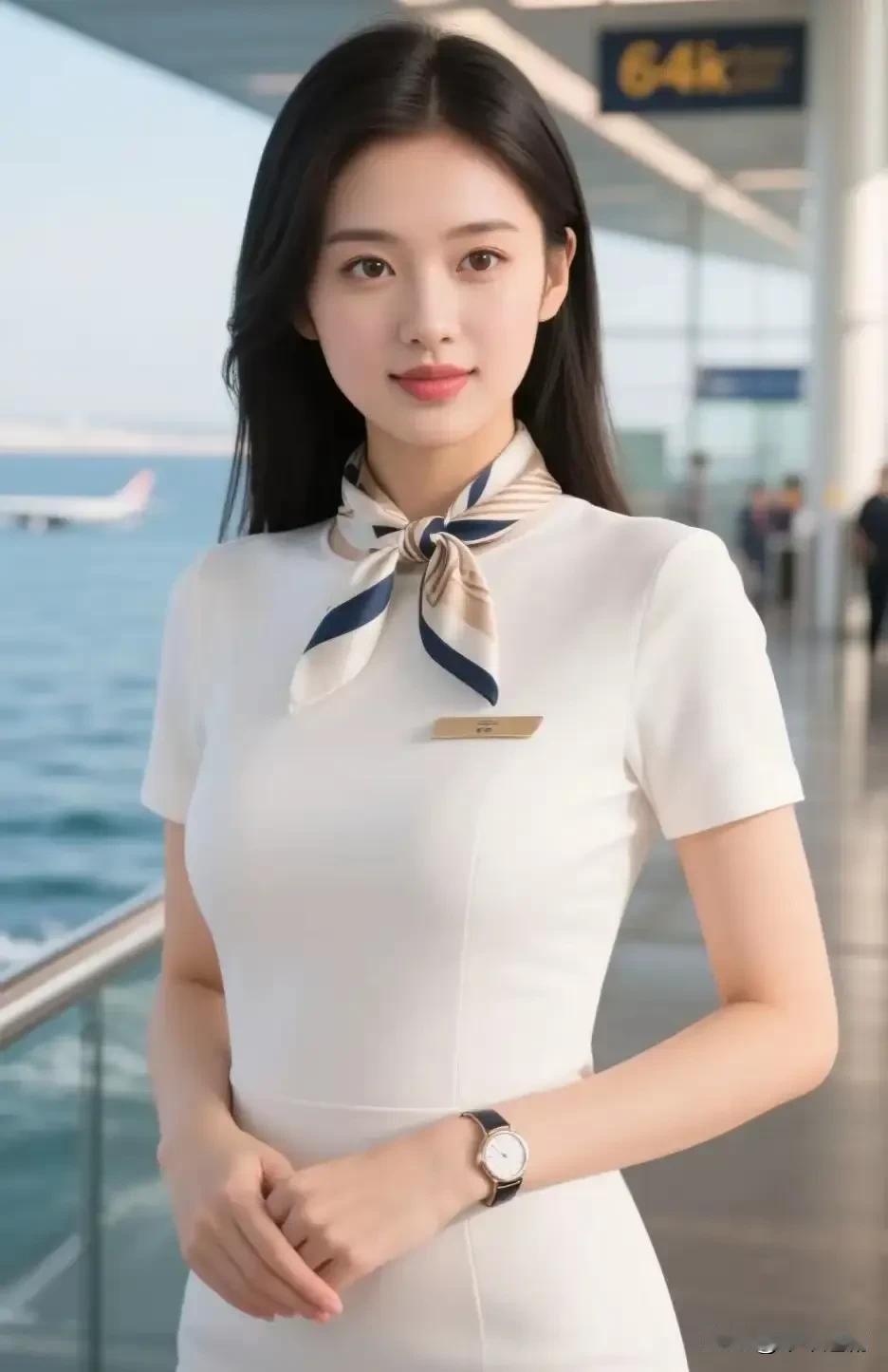 白裙如云朵般轻盈，丝巾轻系颈间，在机场的晨光里，每一次微笑，都是奔赴远方的温