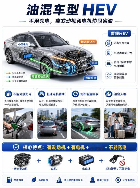HEV混动，没有充电口的混动很多人分不清HEV和插混，HEV就是油电混