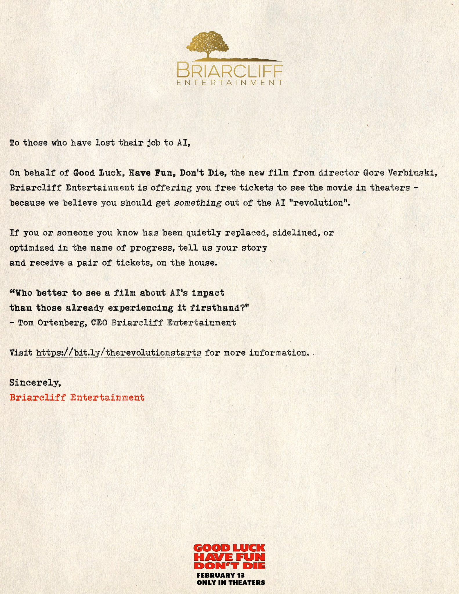 戈尔·维宾斯基执导的科幻惊悚片《团战之夜》搞了一个很有趣的宣传活动：宣布将为因A