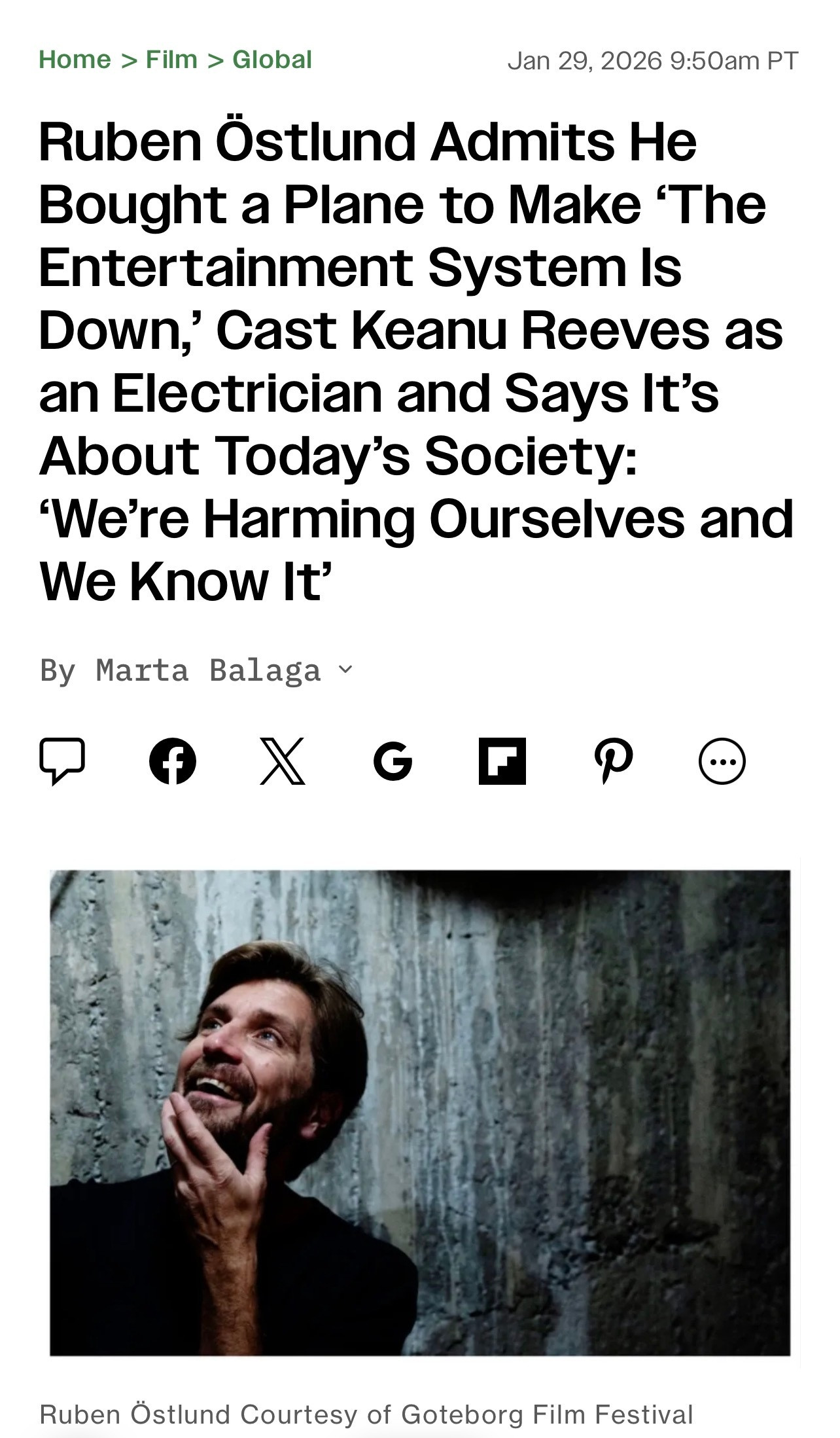 根据Variety消息，由双金棕榈导演鲁本·奥斯特伦德自编自导，基努·里维斯、