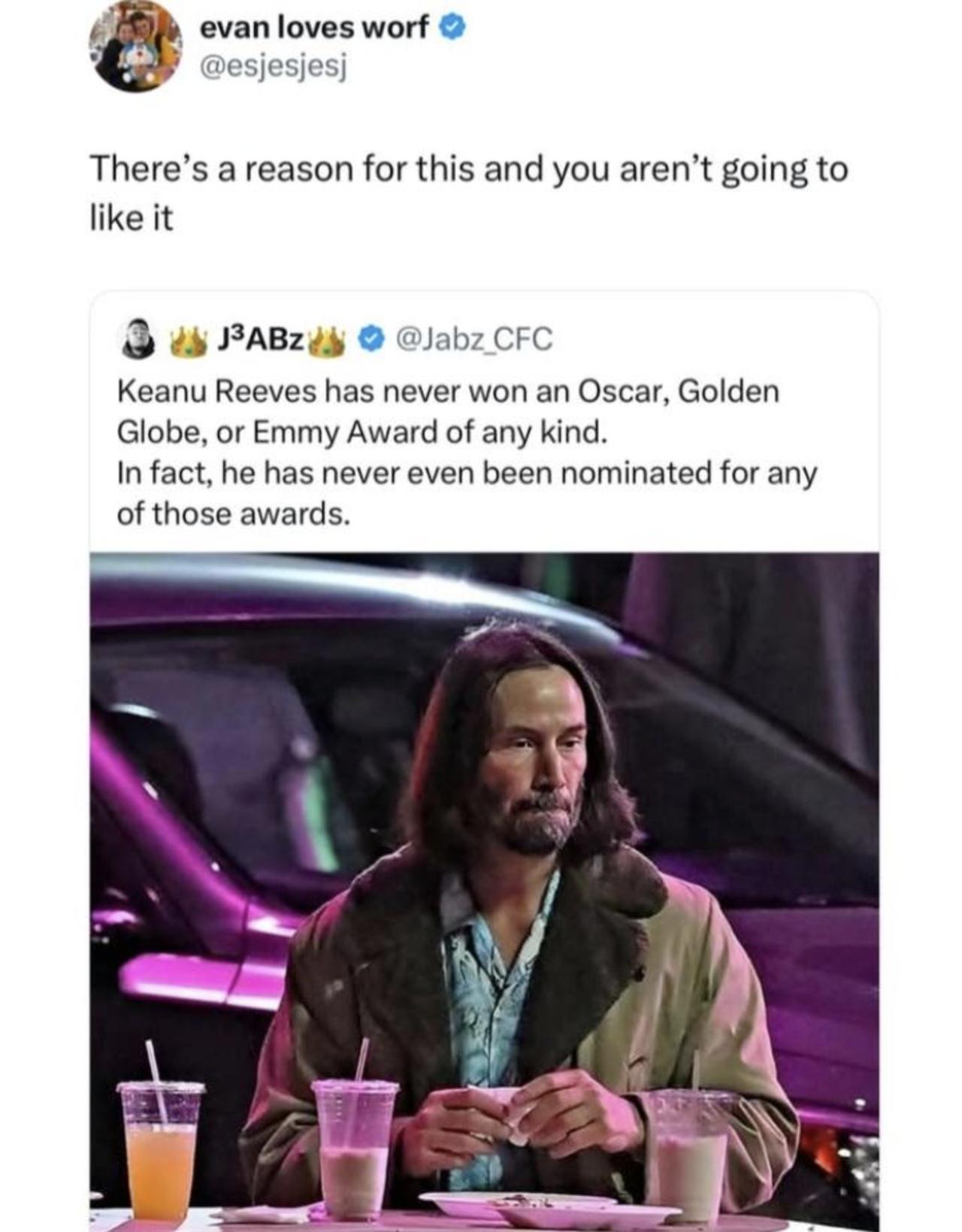 近日，一则关于基努·里维斯（KeanuReeves）的梗图，图上写道："基努·