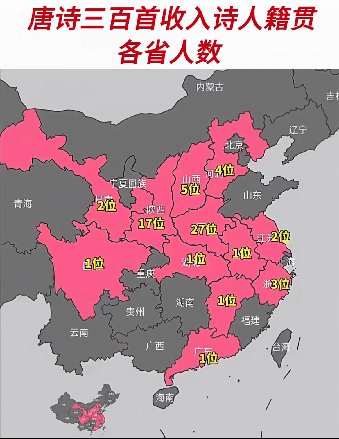 唐诗三百首收入诗人籍贯的各省人数。河南最多，一共有27位诗人，不愧是古代的天