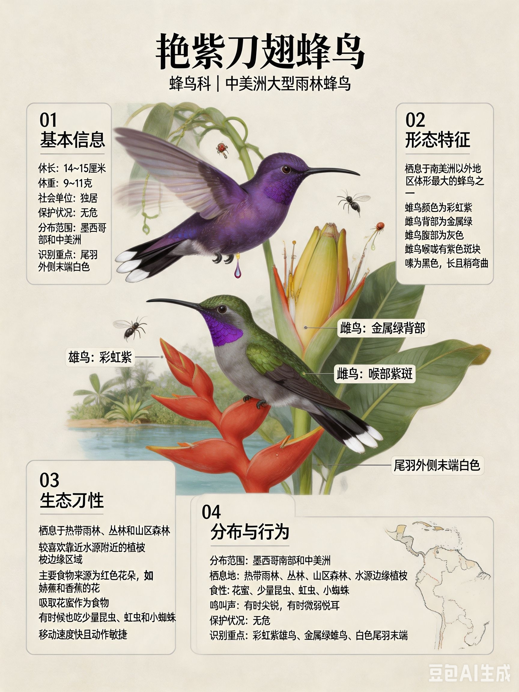鸟类朋友图鉴艳紫刀翅蜂鸟体长：14~15厘米体重：9~11克社会单位：独居