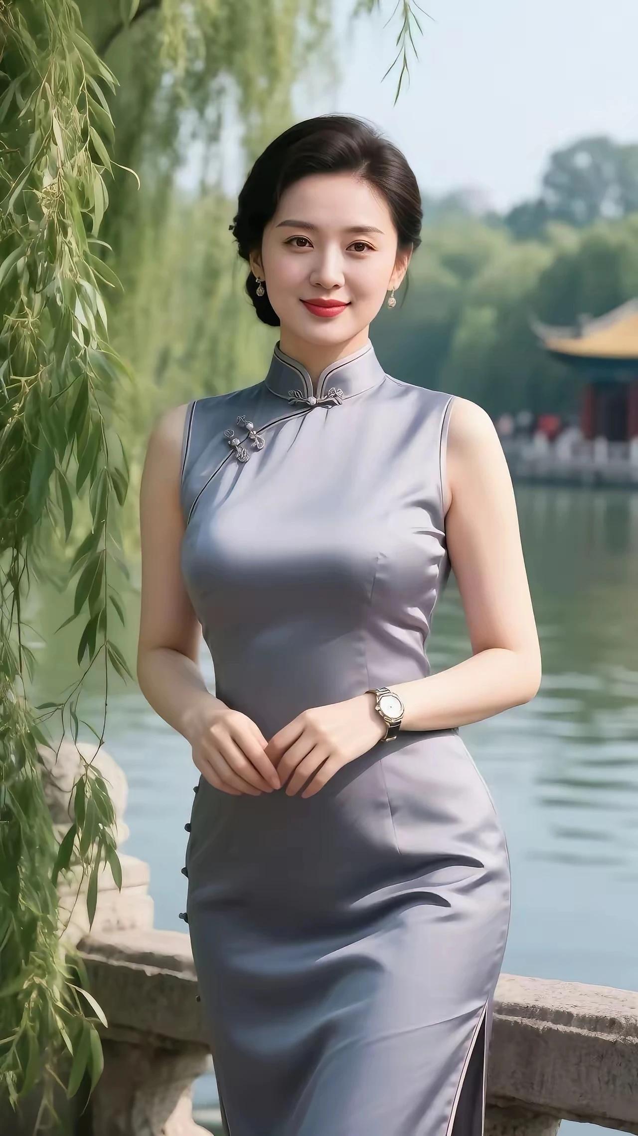 江南水乡，绿柳青翠烟灰旗袍，清冷中式烟灰旗袍，温婉刻骨无袖剪裁，纤细肩颈