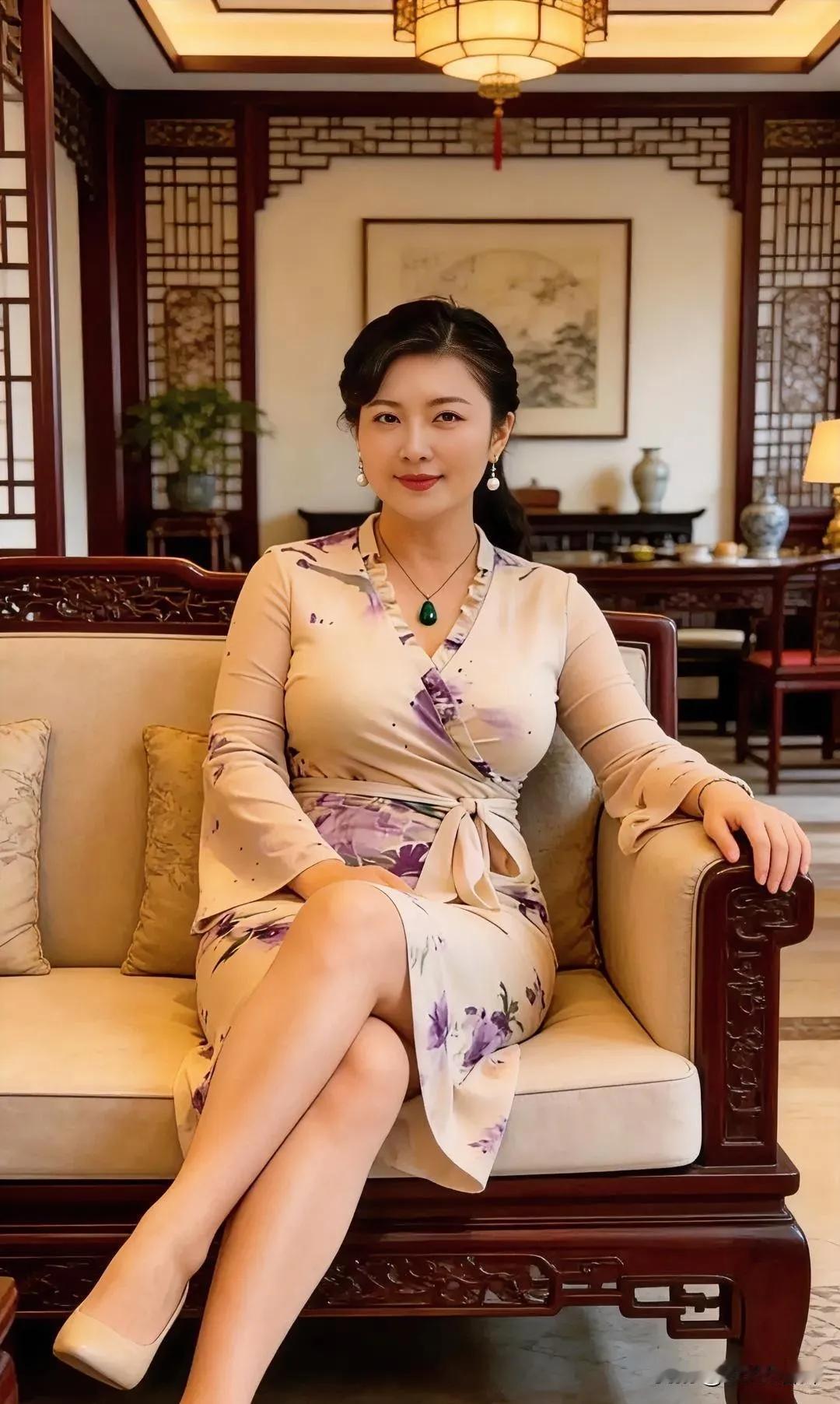 她坐在古典沙发上，优雅地微笑，宛如一幅绝美的画卷。身着淡蓝色露肩长裙，那颜色似天
