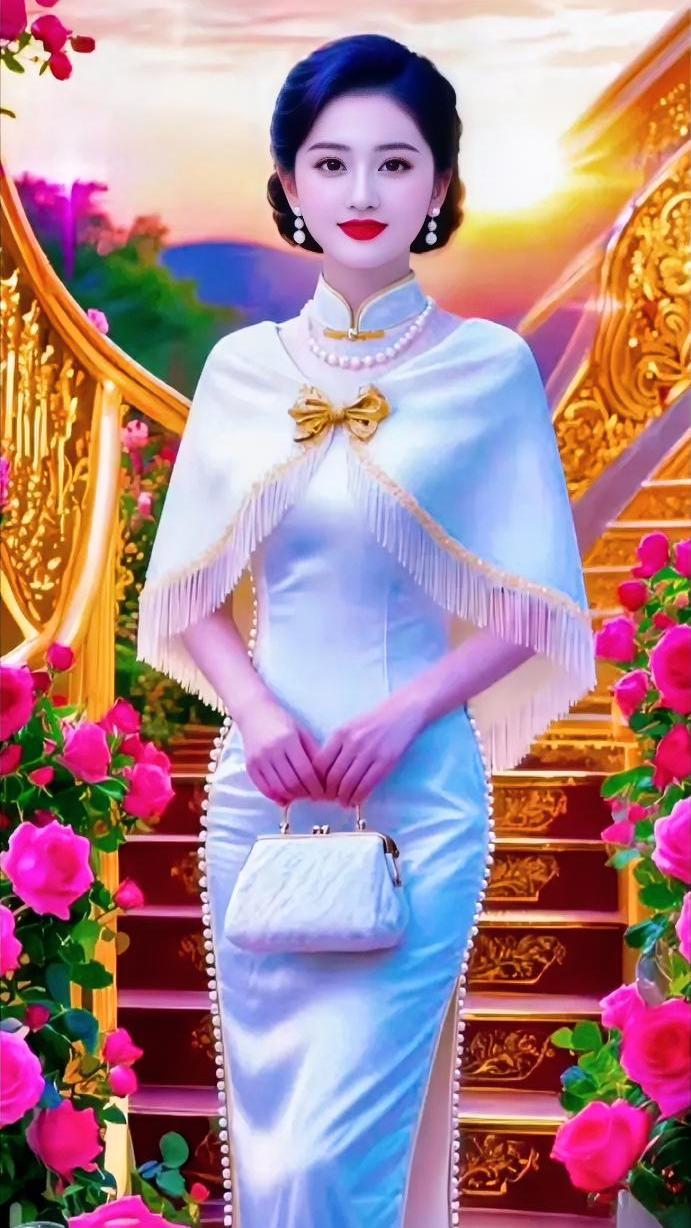 一袭清雅白旗袍，搭配流苏披肩，藏着独属于东方女子的温婉韵味✨。珍珠点缀衣边，金饰