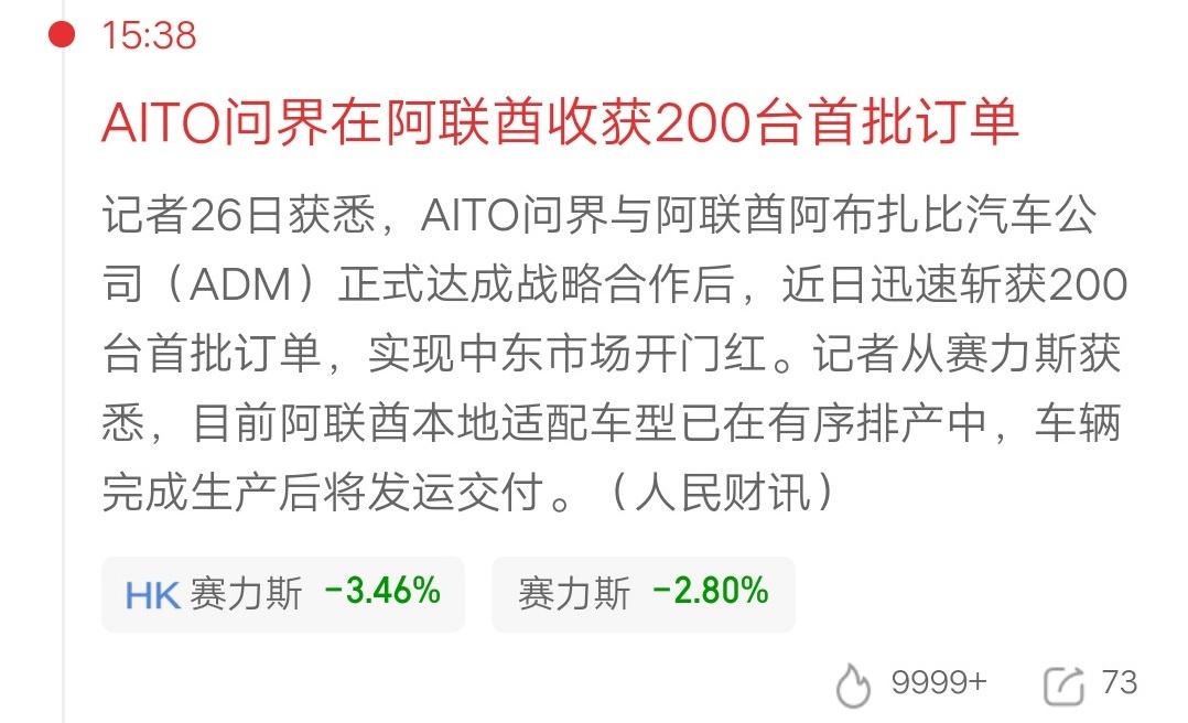 赛力斯利好来了，AITO问界在阿联酋收获200台首批订单，目前赛里斯已经排产。虽