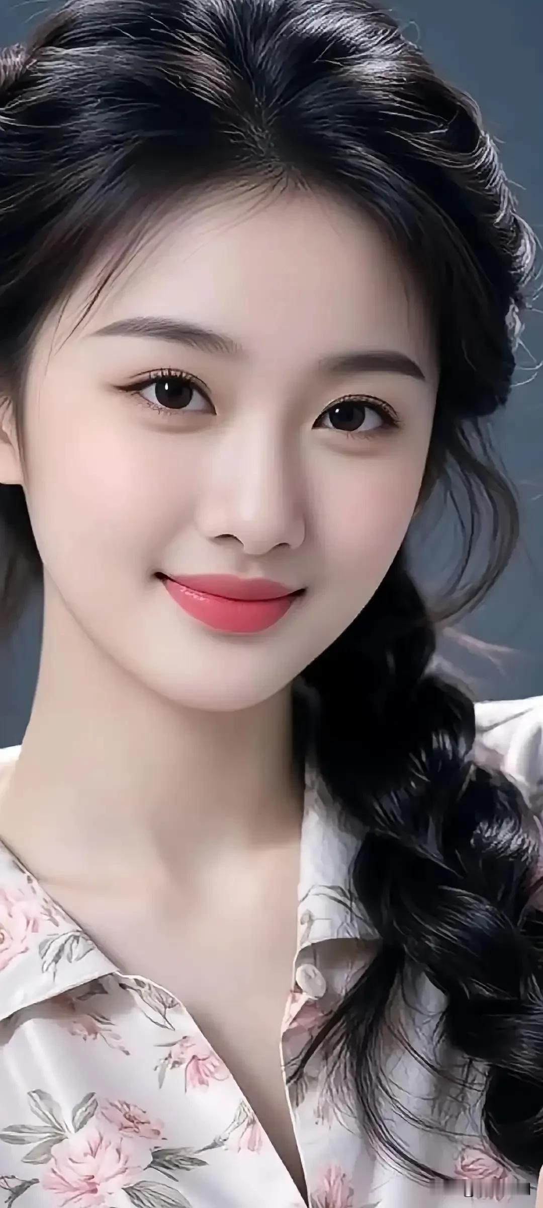 粉花衬衫裹着清甜气息，麻花辫添了几分随性俏皮，红唇浅笑间，是自带元气的温柔氛围感