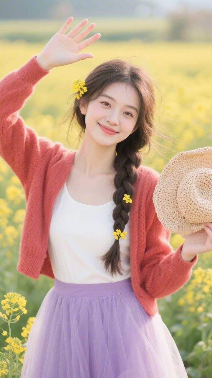阳光下的甜美女孩，花海中挥手微笑，温暖而美好。🌸🌼🌻