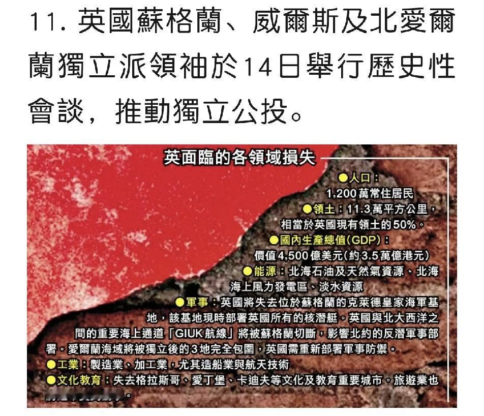 曾经的日不落帝国，恐怕要沦落到与韩国一般大小了，不过大英帝国与大韩民国确实有异曲