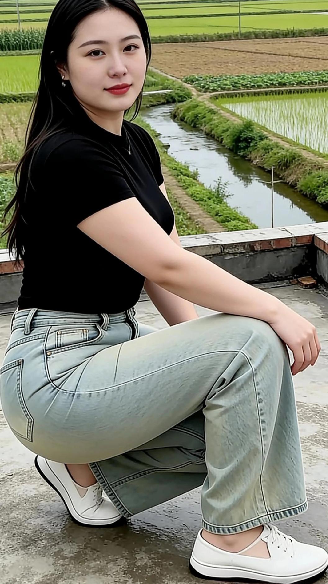 好美的田园景致，金黄稻田，曲水蜿蜒，黑衣独倚，心随景深。