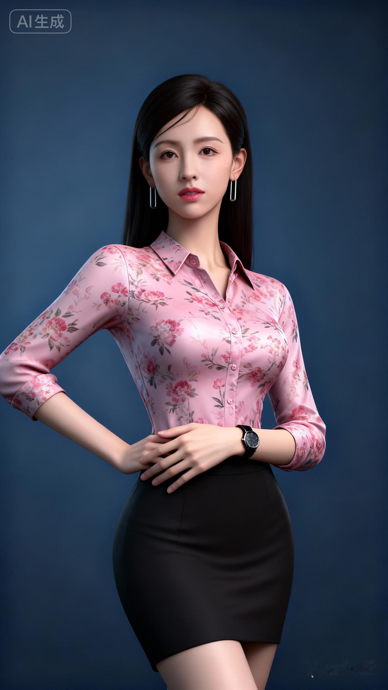 优雅职场风穿搭，粉色印花衬衫搭配黑色短裙，尽显女性魅力！