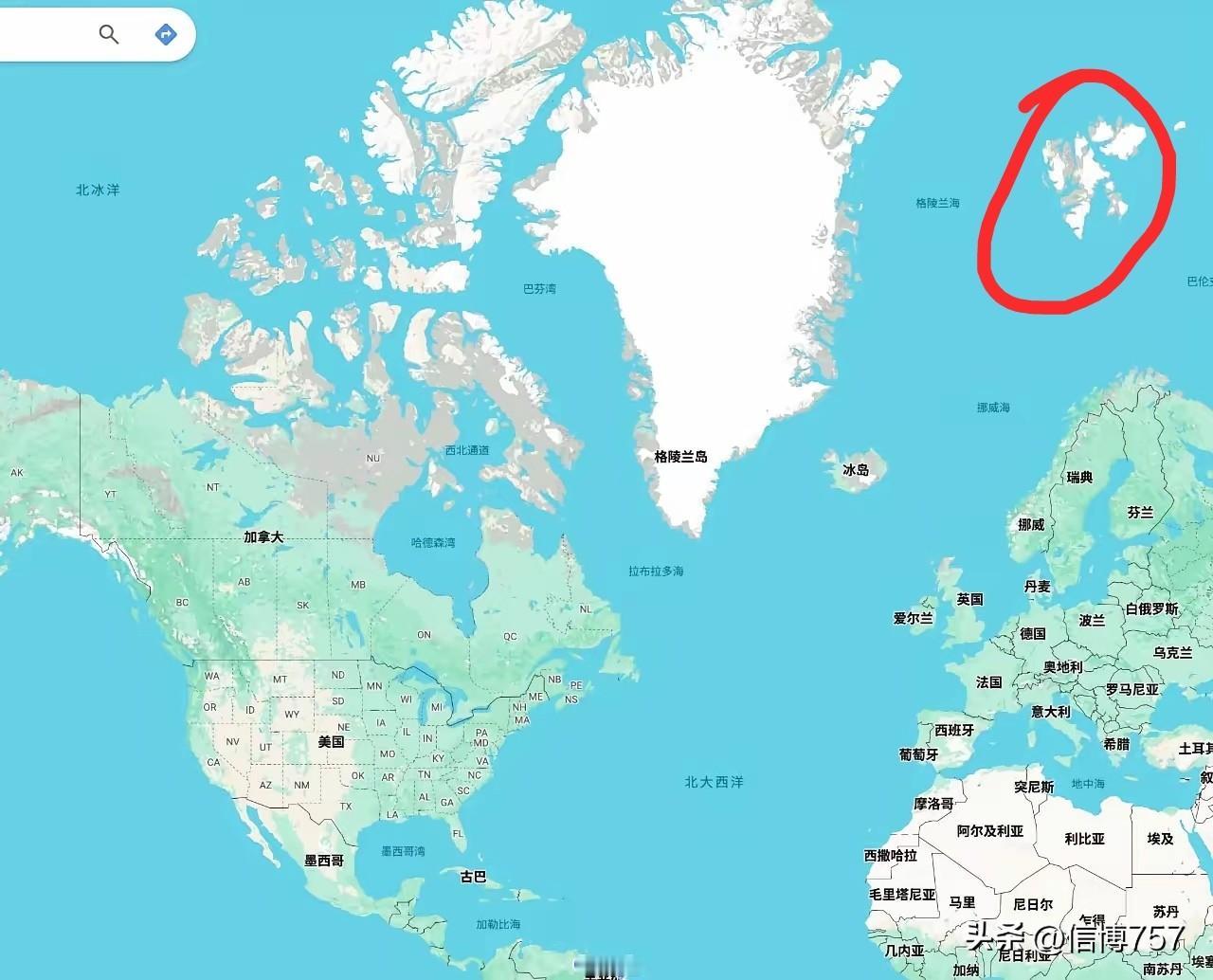 格陵兰岛的右边还有一个小岛，不知道叫什么岛，但这个小岛实际上也并不小，比起冰岛来