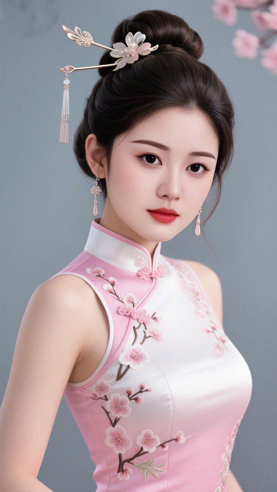 梅绣旗袍藏雅韵浅灰的背景铺展着清雅的底色，一枝梅绣在粉白相间的旗袍上，针脚