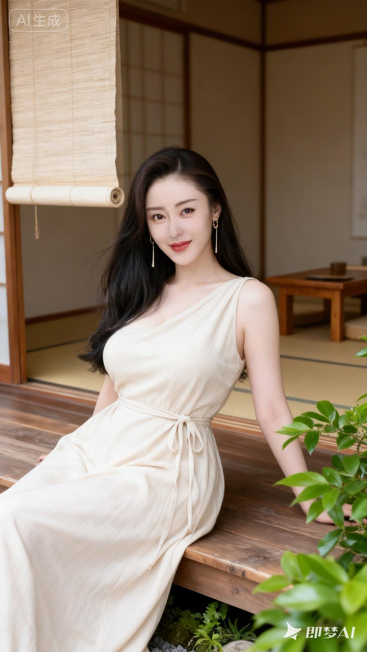 在传统日式庭院中，优雅的少女倚靠木桌，散发着宁静与美丽。