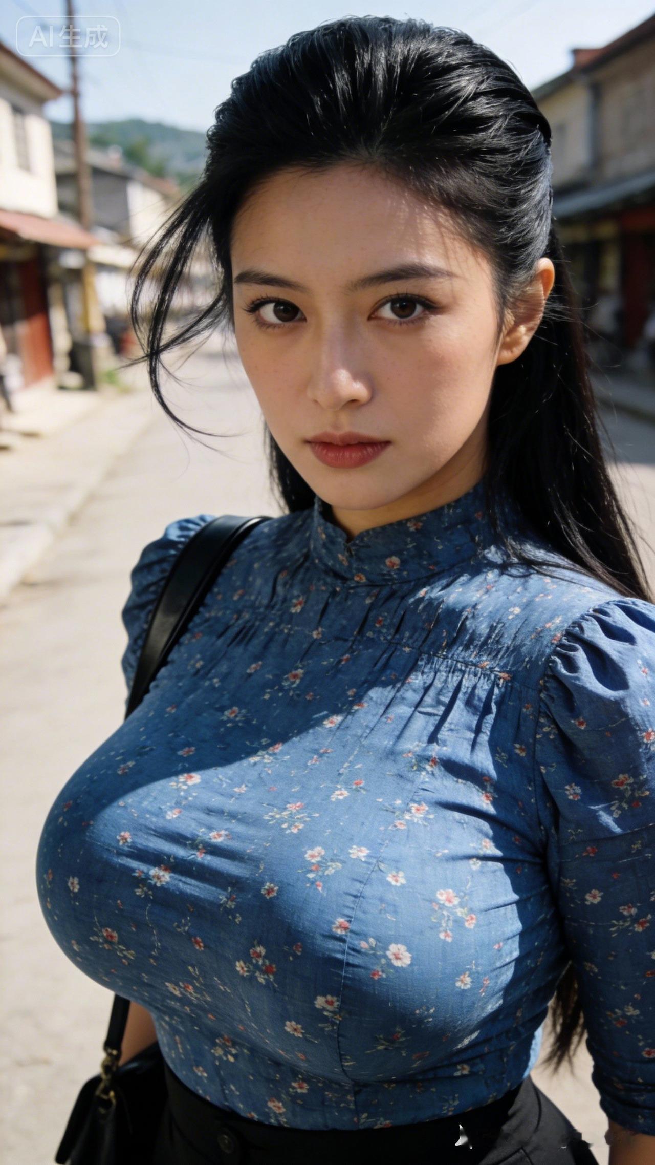 她有着饱满的葫芦身形，发丝向后梳拢，几缕被风撩起。眼波流转间，妩媚与机警并存，于