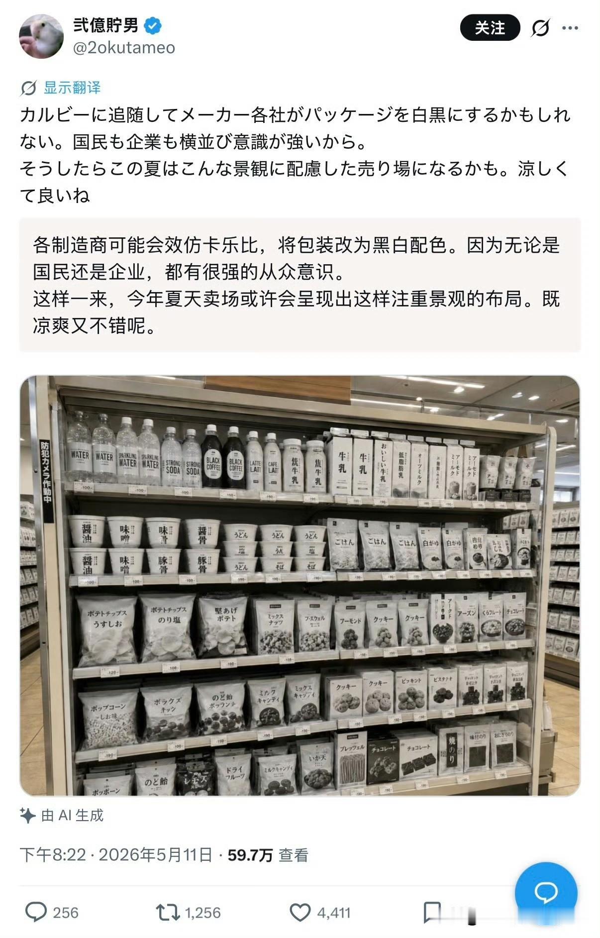 有日本网友发帖吐槽，“夏天日本的货架可能整个都变成黑白色”、“电视广告也改成黑白
