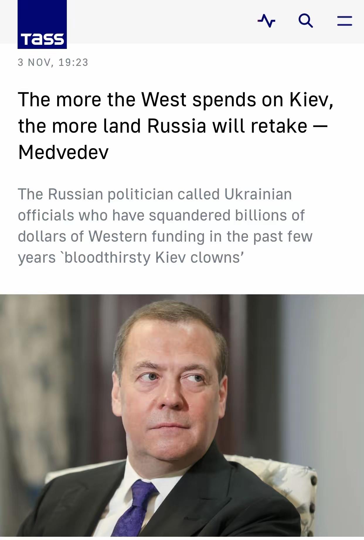 【梅德韦杰夫讽刺西方援助乌克兰】​塔斯社莫斯科11月3日电：俄罗斯联邦安全会议