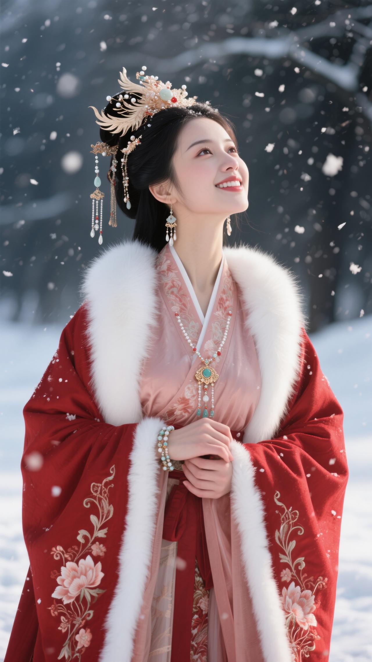 雪满庭阶，红裘裹素影，玉簪凝霜，指尖轻拈六出花。一袭绛红裁作冬日焰，粉衫衬得雪色