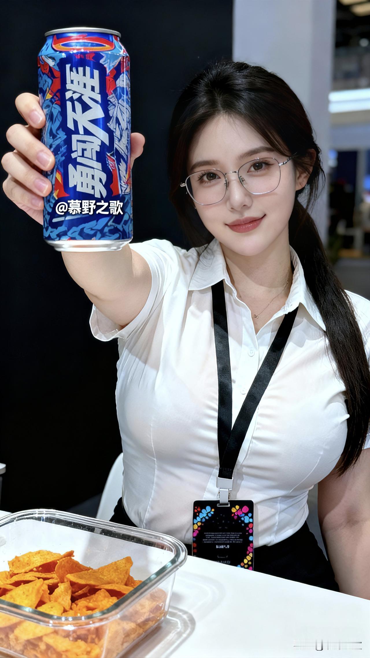 这冰爽够味儿！在闷热的午后，她身着干练白衬衫，手持一罐“勇闯天涯”，蓝色罐身的炫