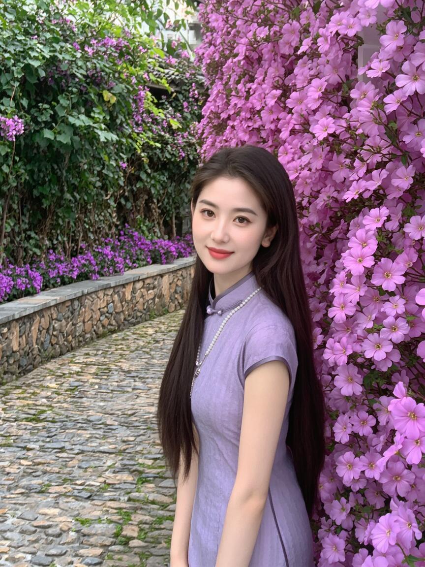紫色花海中的优雅美女