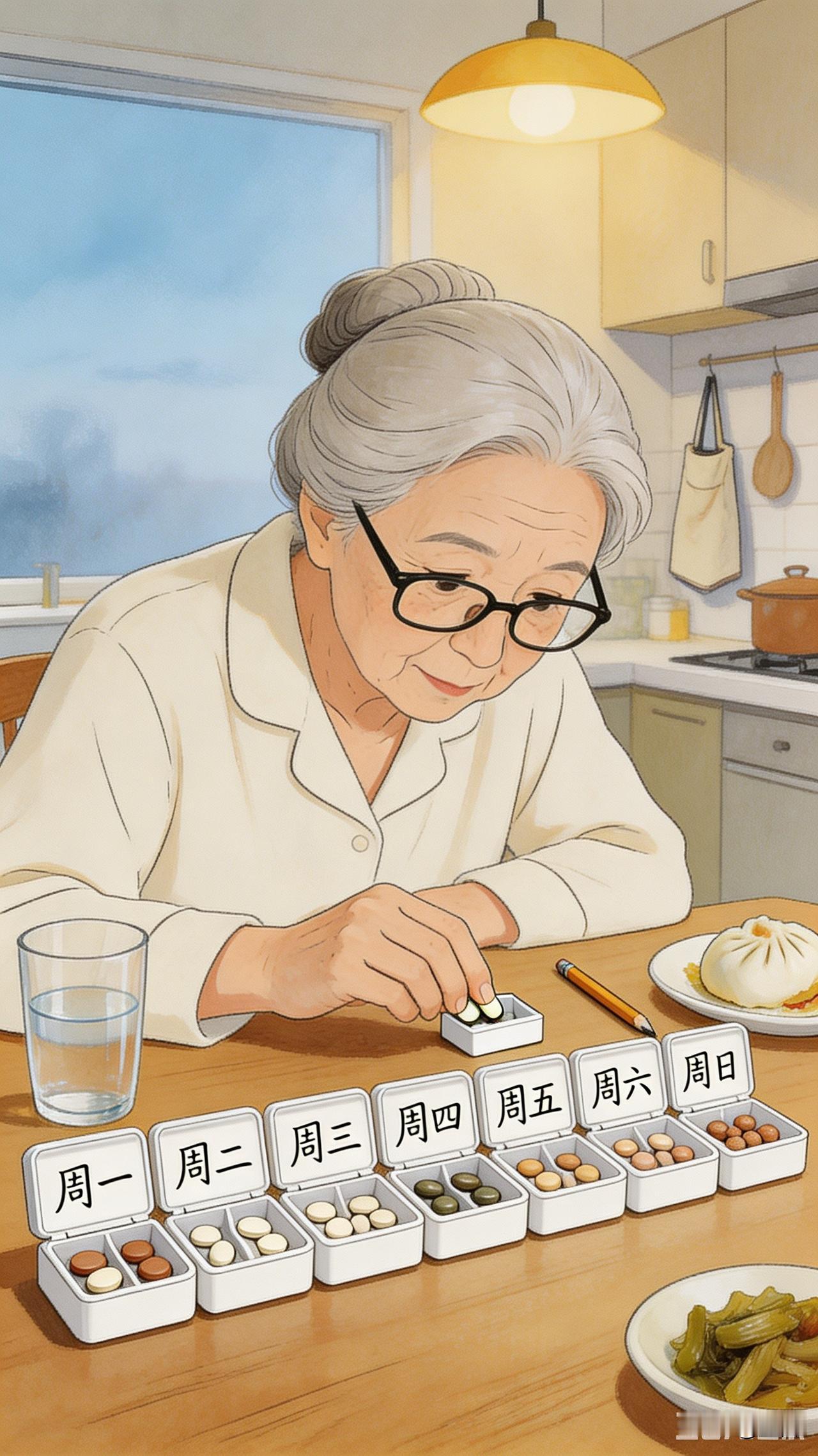 清晨六点半，厨房的灯先亮了。张阿姨戴着老花镜，坐在餐桌前分药。七个白色小药盒