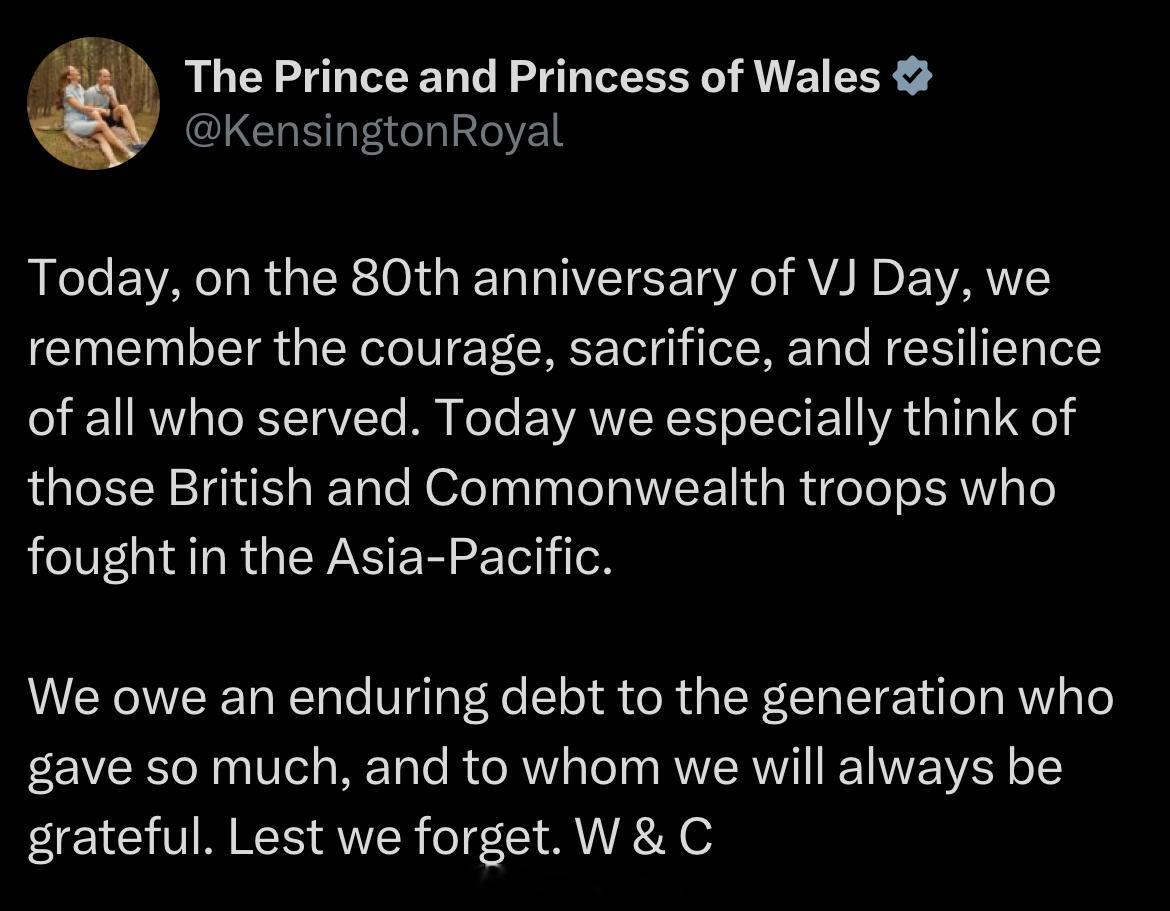 威廉王子今天是VJ日（抗🇯🇵战争胜利日）8️⃣0️⃣周年，威尔士
