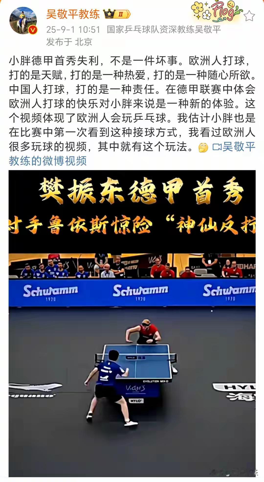 樊振东德甲首秀失败，吴敬平教练到是风轻云淡一点不心疼，说樊振东首秀失利不是坏事，