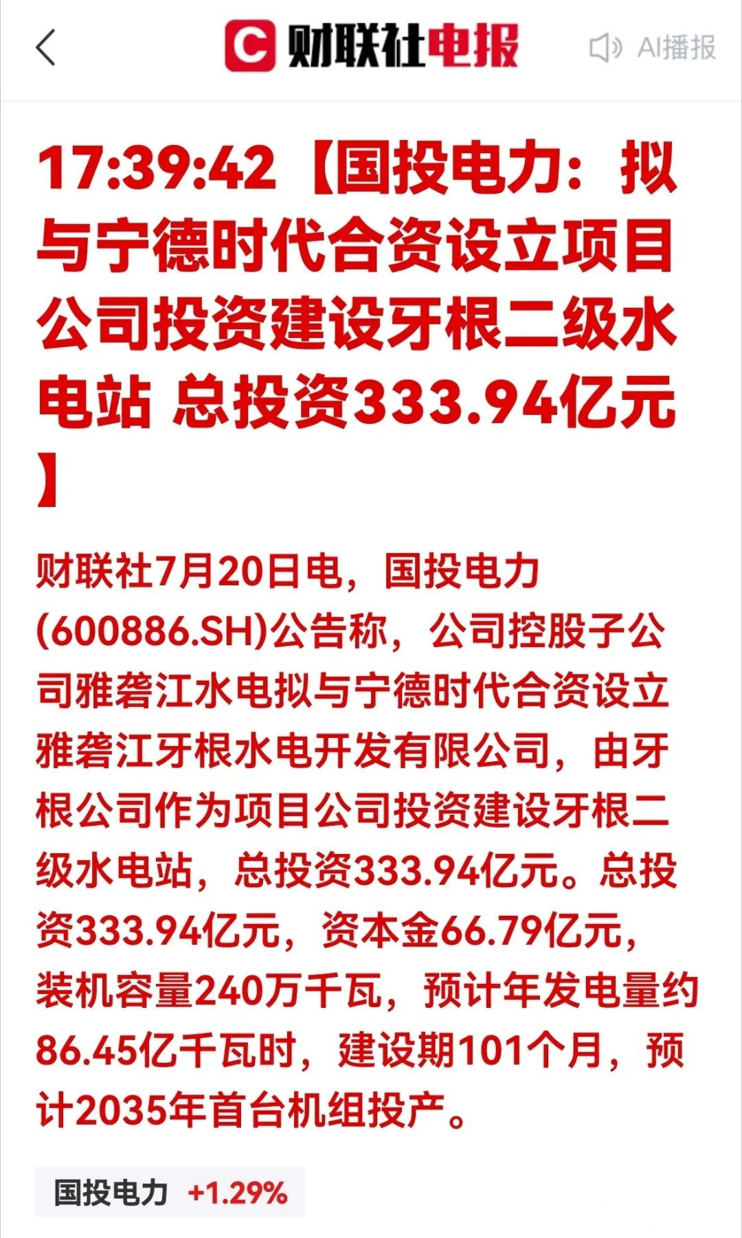 百亿水电项目落地，绿电储能一体化迎来机遇334亿水电大项目落地！国投电力携手宁德