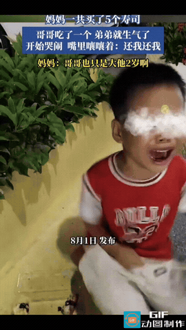 妈妈买了5个寿司，哥哥吃了一个，弟弟不干了，一直在捶胸顿足，撒泼打滚，又哭又喊地