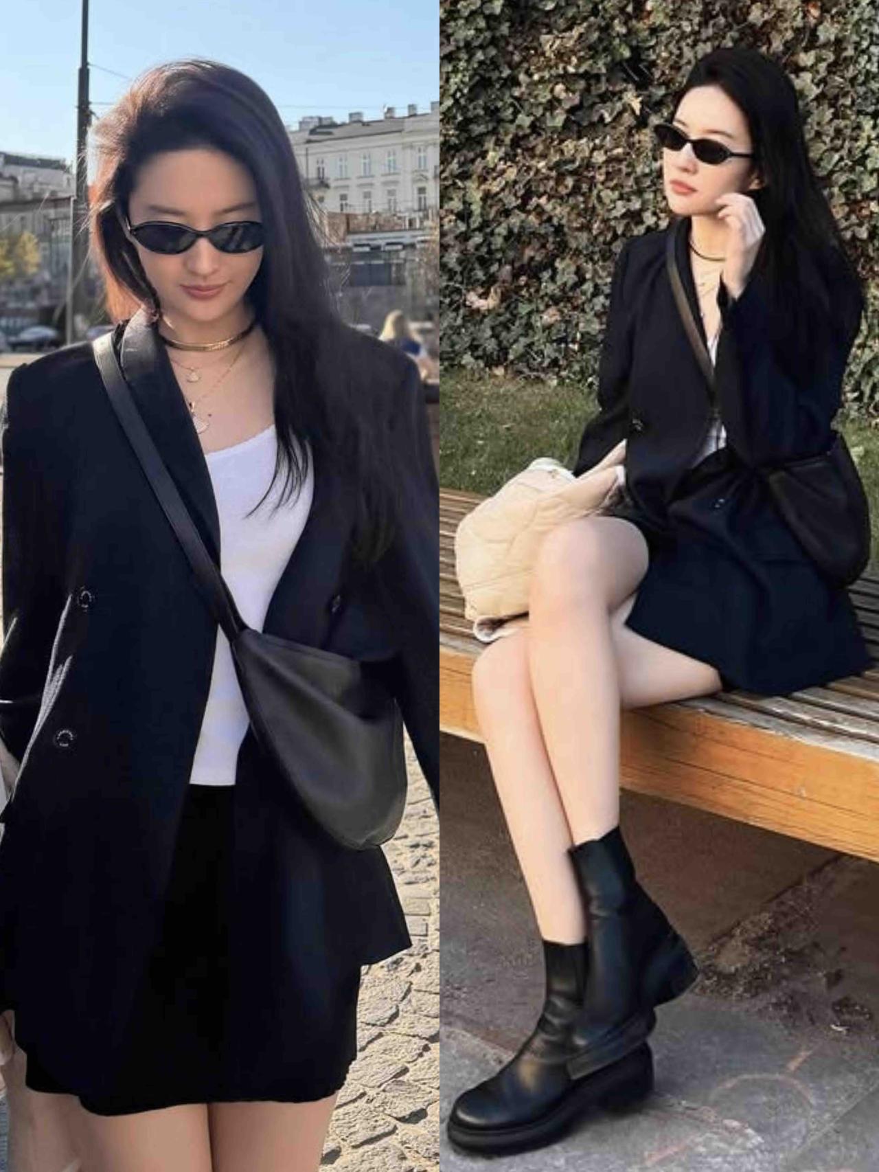 刘亦菲街拍，黑色西服配短裙，超有气质！oversize黑西装搭短款半裙，下衣