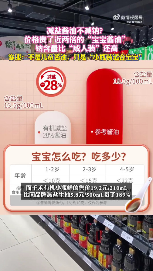 部分酱油减盐不减钠甚至反增客服称宝宝酱油指的是小瓶装这波操作太迷惑了！打着减盐