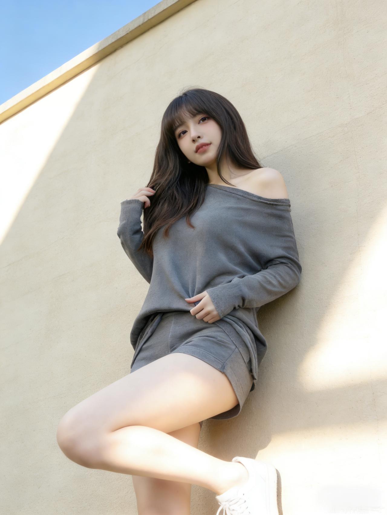 简约风穿搭真的超有魅力！就说这灰色露肩上衣搭配短裤，简直是清新自然又自在的典范。