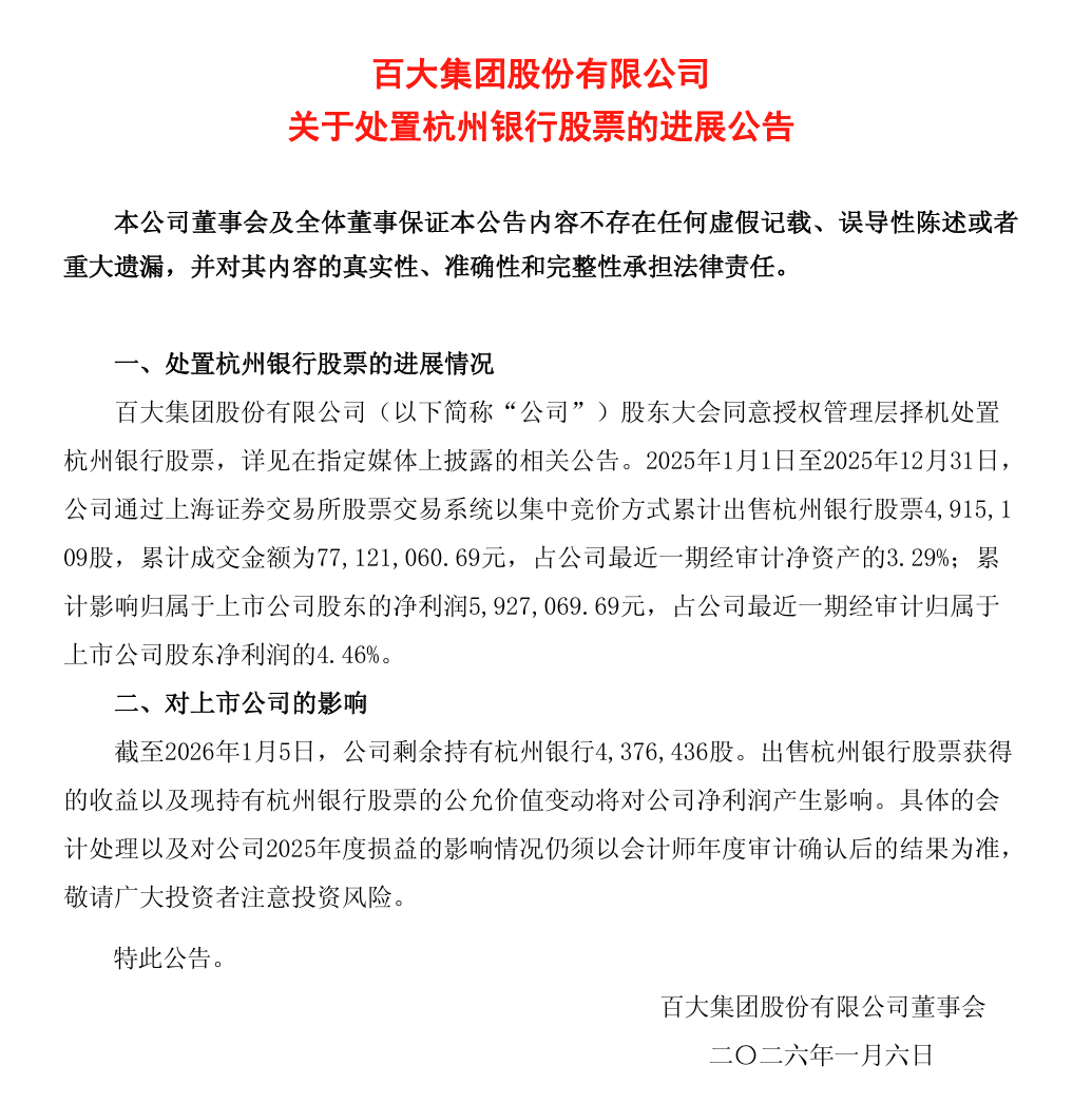 百大集团减持背后: 杭州银行股东大调整