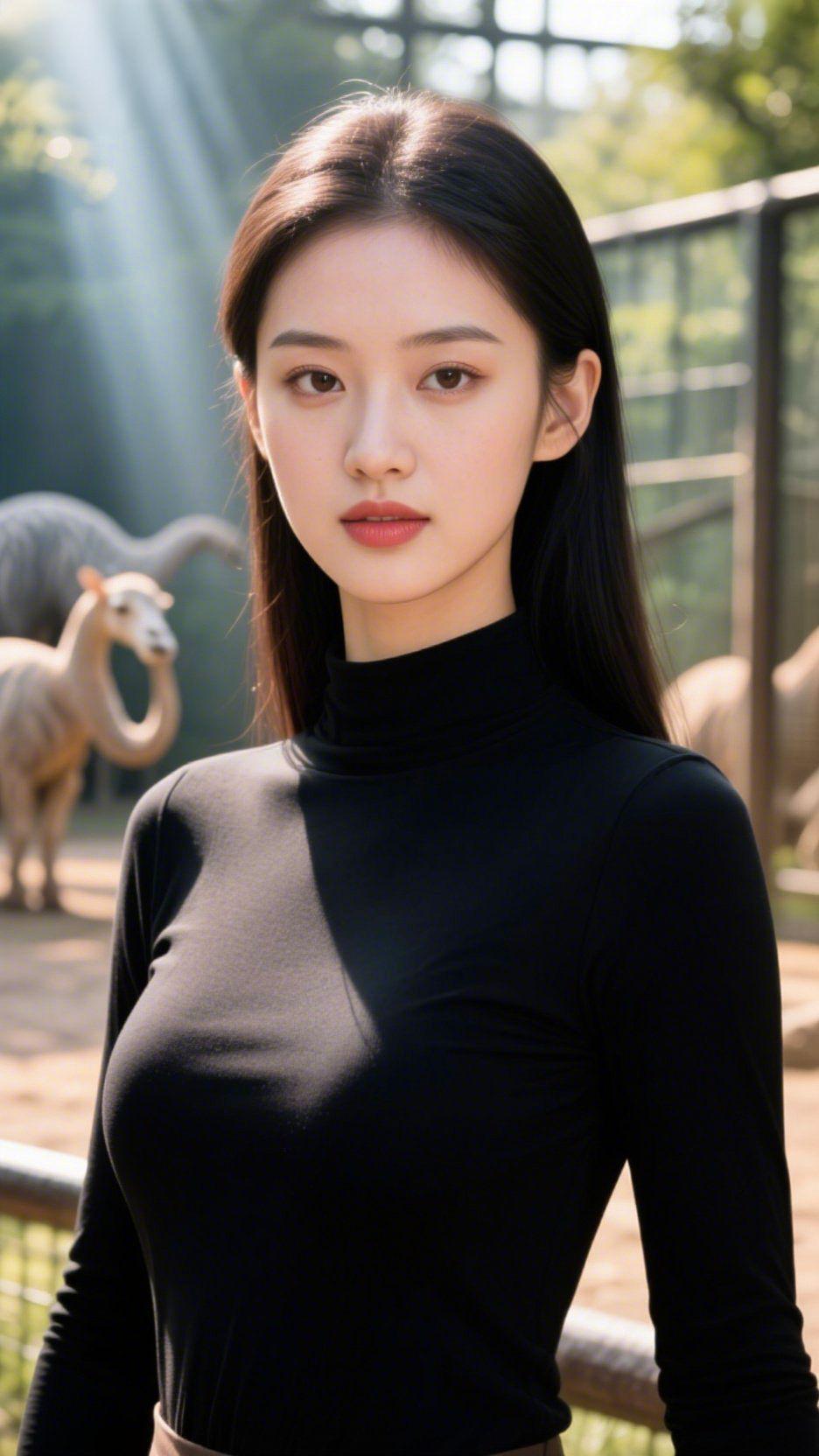 黑衫栖光，园间轻柔林隙的光扯作金丝，落在她的黑衫上——衣料裹着舒展的气息，