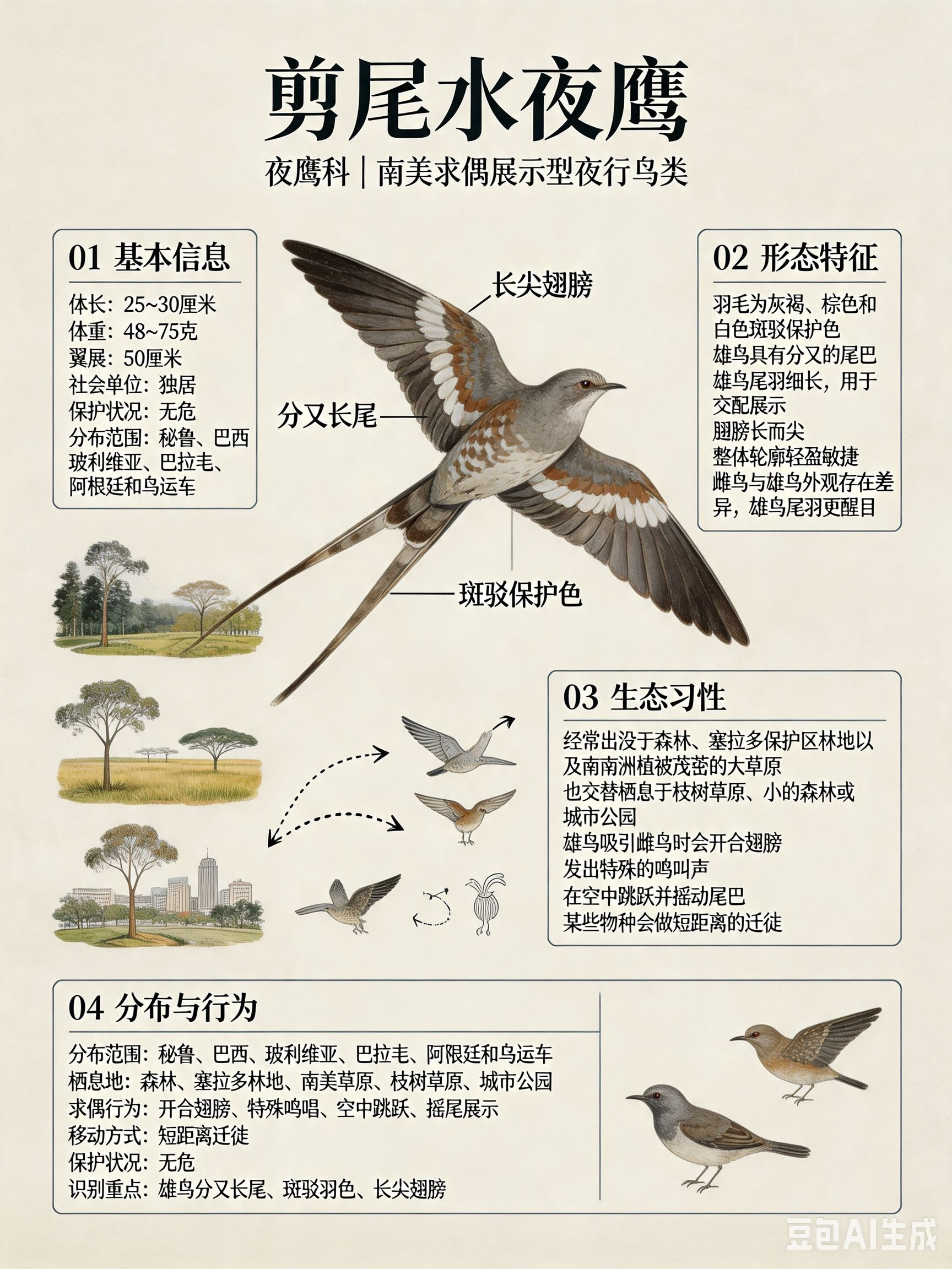 鸟类朋友图鉴剪尾水夜鹰体长：25~30厘米体重：48~75克翼展：50厘