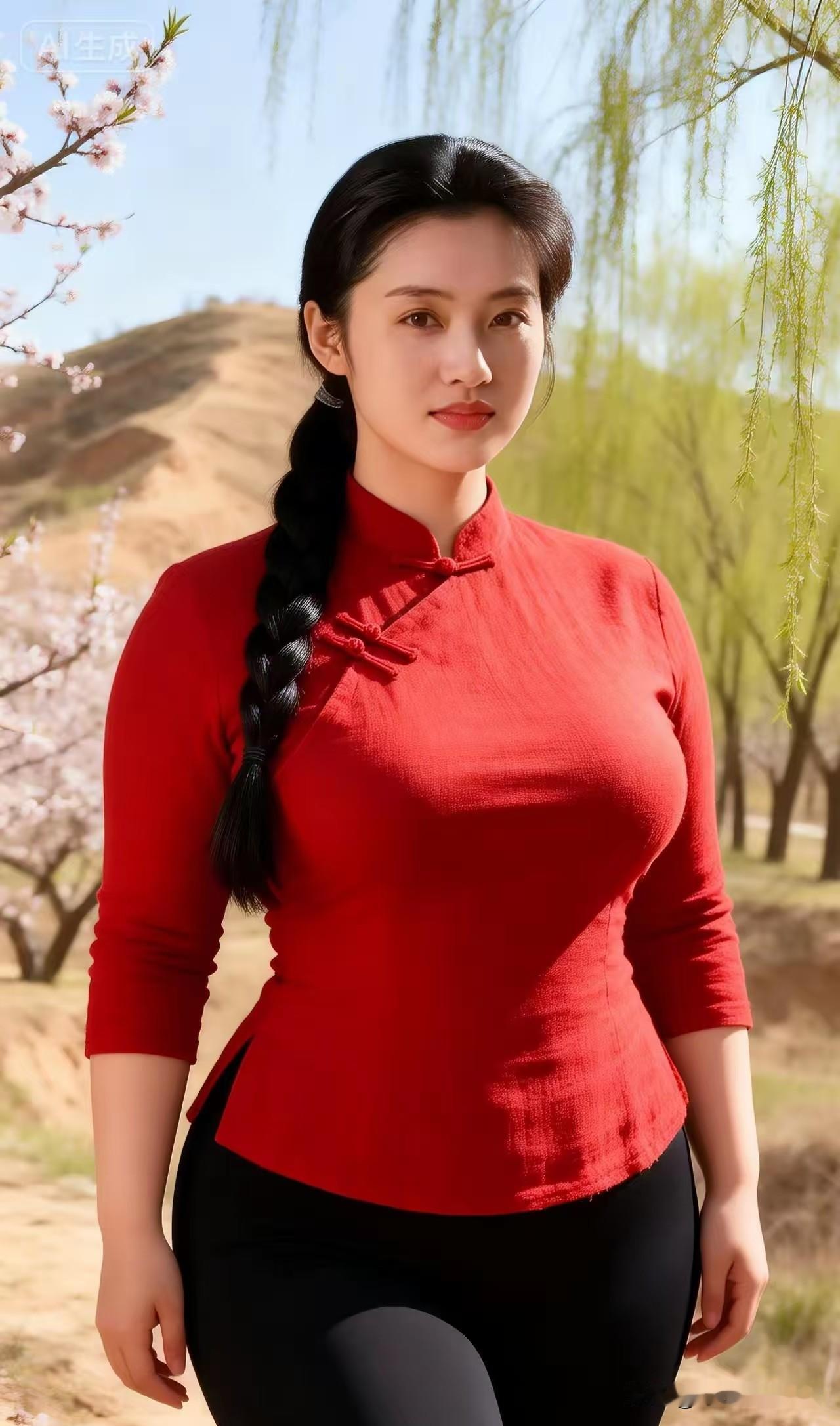 浣溪沙·红衫柳色初匀桃萼轻，长辫垂肩映日明。红衫盘扣衬春晴。眼底山川