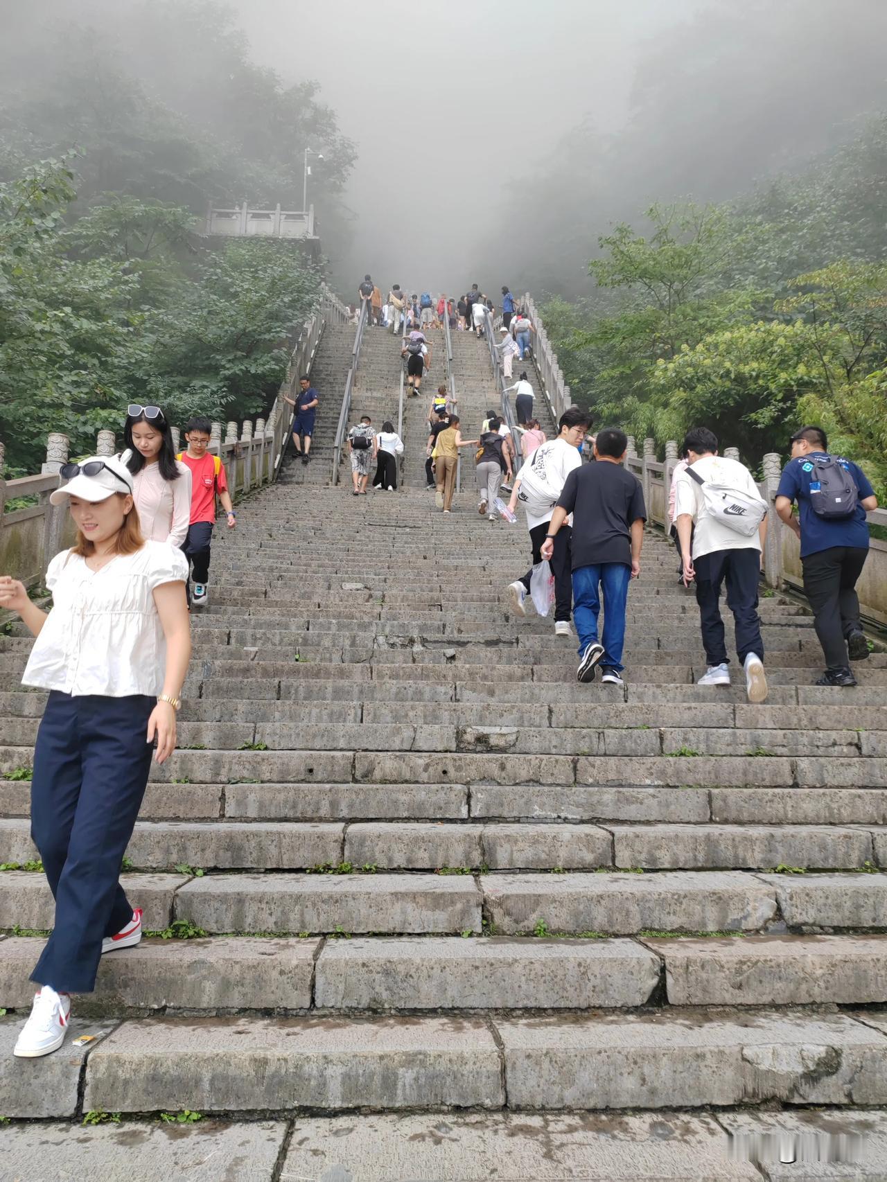 999天梯最后一段非常陡峭人山人海成功登顶继续前行目标山顶云海，雾