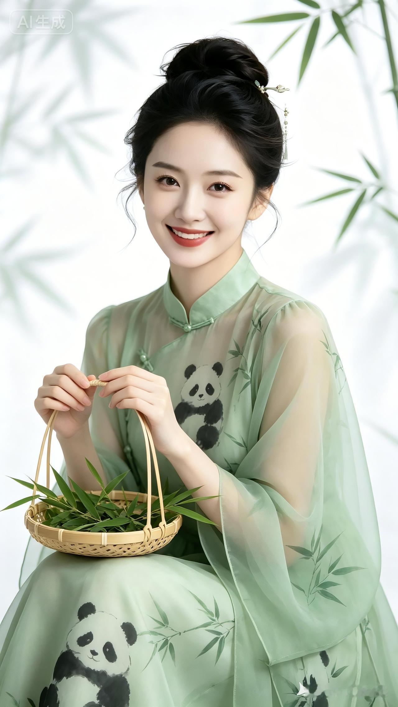冷白皮国风少女，简约盘发配素雅头饰。淡绿纱纺新中式衣印竹与水墨熊猫，浅笑拎盛竹叶