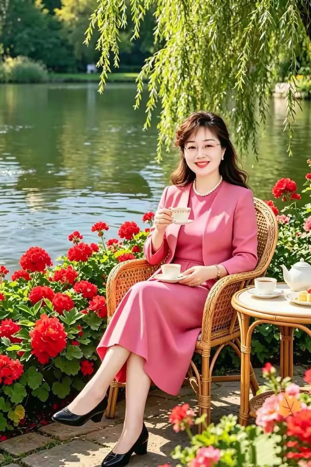 佳丽闲坐池塘边，赏景品茗度悠闲。杨柳青青百鸟唱，韶华卓卓尽开颜。