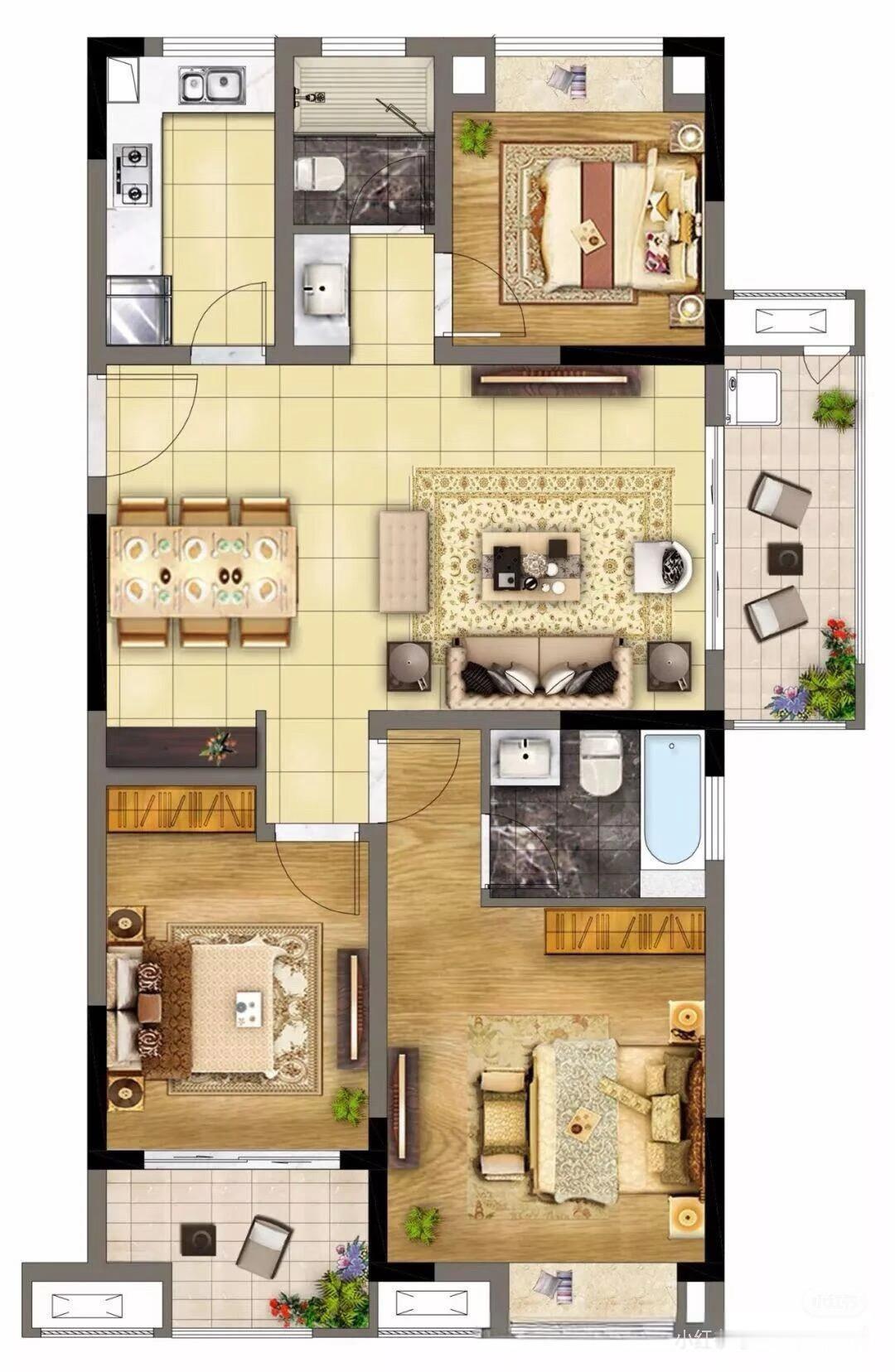 神仙户型，三口人选这户型！①整体格局：本三居室户型方正紧凑，动静分区明确。客