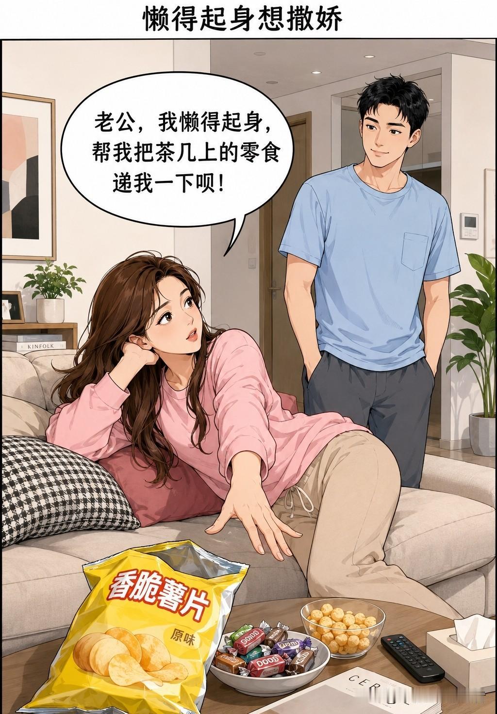 趣味漫画：本想和老公撒个娇，没想到老公这样回答！老婆：我懒得起身，帮我把茶几上的