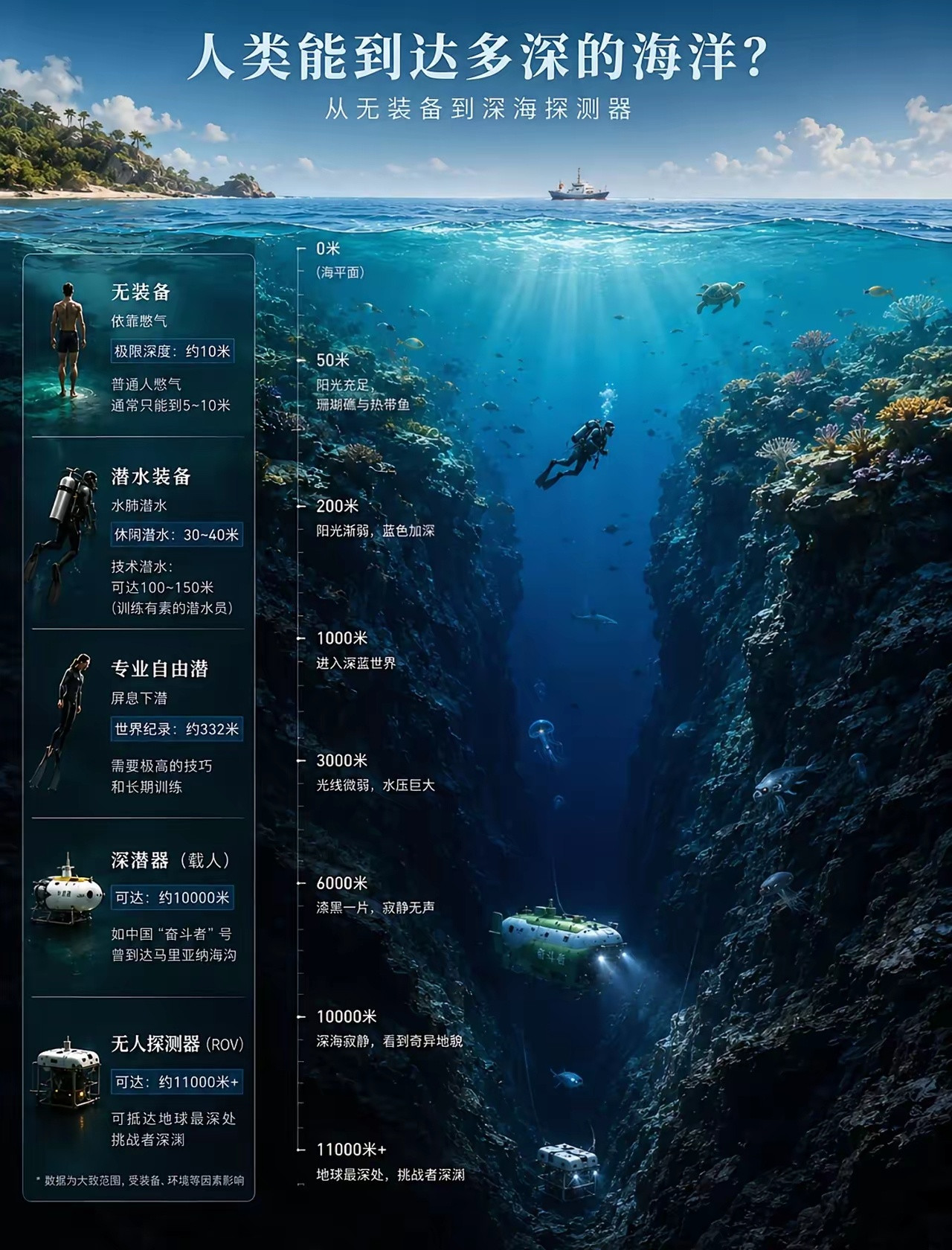 海洋到底有多深？对于直径12742000米的地球来说，11000米的马里亚纳海沟