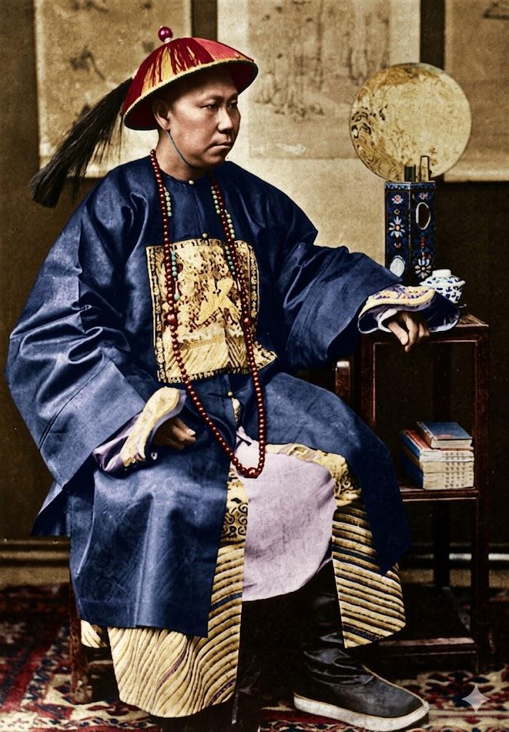 这是晚清名臣沈葆桢的传世肖像照，气场全开。他身着清代一品文官朝服，胸前仙鹤补子