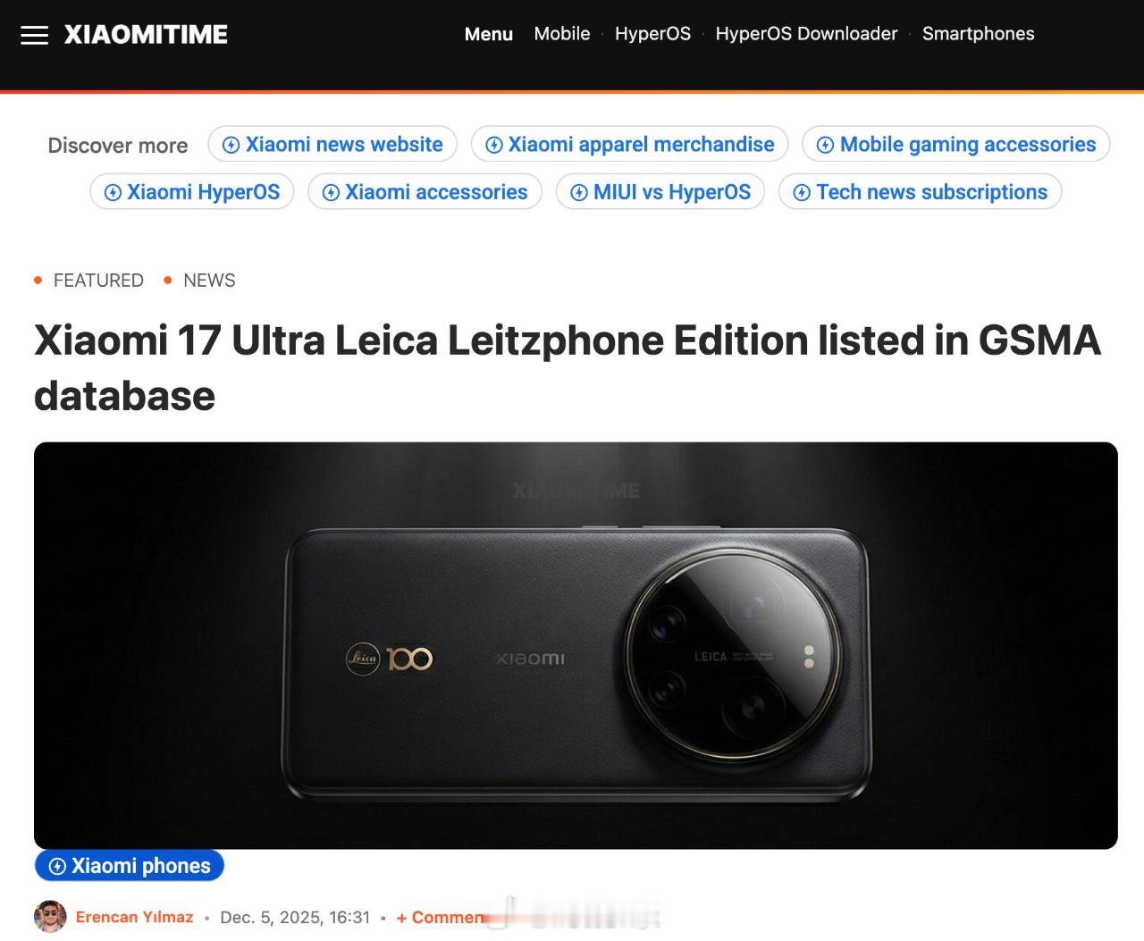 此前，型号“2512BPNDAG”、代号“P1”的新机被传为小米17Ultra