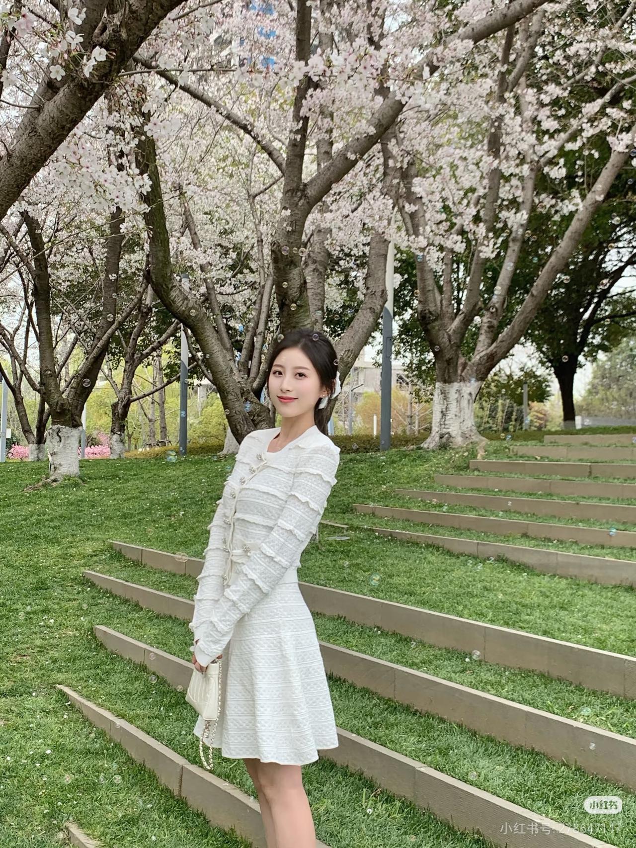 樱花树下，优雅白裙，春日浪漫时光